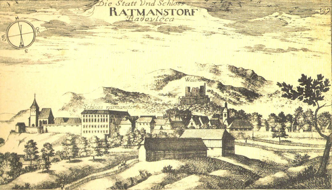 d1) Radovljica s Pustim gradom, 1689 (Slava Vojvodine Kranjske, Valvasor)