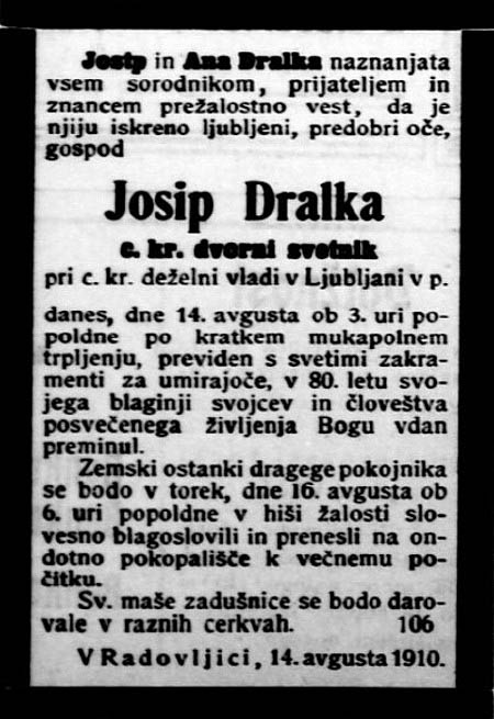 Osmrtnica ok. glavarja - Josip Dralka, 1910 (Slovenski narod)