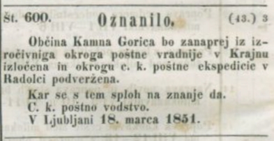 Ljubljanski časnik, 18. svečana 1851