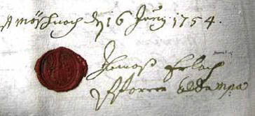 Žig in podpis župnika Tomaža Erlaha, 1754